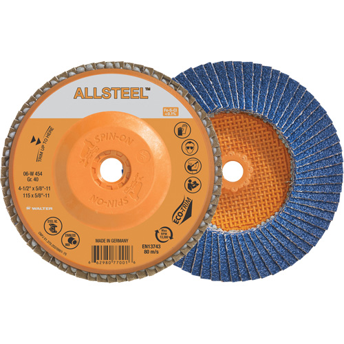 Disque &agrave; lamelles AllSteel, 4-1/2" x 5/8"-11, Type 27, Grain 40, Alumine de zirconium R.M.G. Prévention