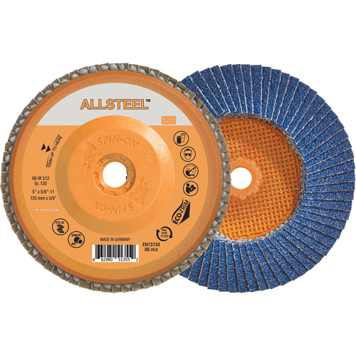 Disque &agrave; lamelles AllSteel, 5" x 5/8"-11, Type 27, Grain 120, Alumine de zirconium R.M.G. Prévention