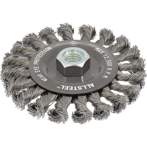 Brosse m&eacute;tallique AllSteel, Dia. 4-1/2", Fils 0,02", Arbre 5/8"-11, Acier R.M.G. Prévention