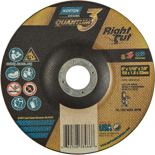 Quantum3 RightCut Cut-Off Wheel, 6" x 1/16", 7/8" Arbor, Type 27/42, Aluminum Oxide, 10185 RPM R.M.G. Prévention