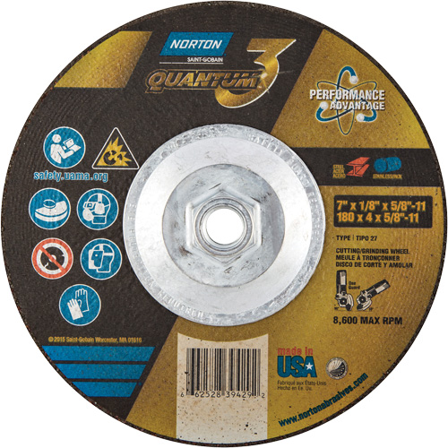 Quantum3 Grinding & Cutting Wheel, 7" x 1/8", 5/8"-11 Arbor, Type 27, 24 Grit, Ceramic Alumina R.M.G. Prévention