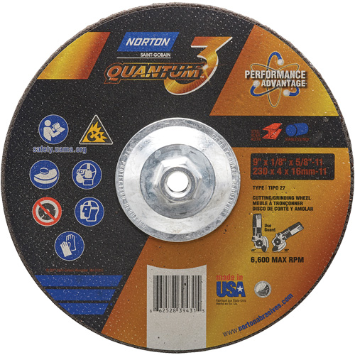 Quantum3 Grinding & Cutting Wheel, 9" x 1/8", 5/8"-11 Arbor, Type 27, 24 Grit, Ceramic Alumina R.M.G. Prévention