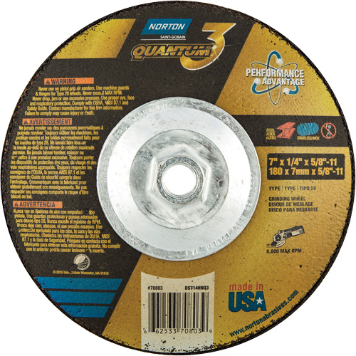Meule soucoupes Quantum3 SG, 7" x 1/4", Arbre 5/8"-11, C&eacute;ramique d'alumine, Type 28 R.M.G. Prévention