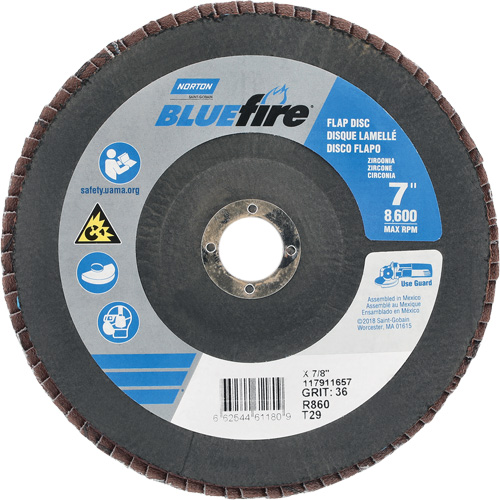BlueFire&reg; R884P/R884V/R860 Center Mount Fiberglass Conical Flap Disc, 7" x 7/8", Type 29, P36 Grit, Zirconia Alumina R.M.G. Prévention