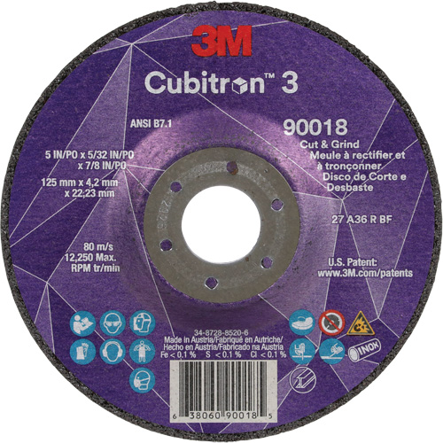 Cubitron 3 Cut & Grind Wheel, 5" x 5/32", 7/8" Arbor, Type T27, 36+ Grit, Ceramic R.M.G. Prévention