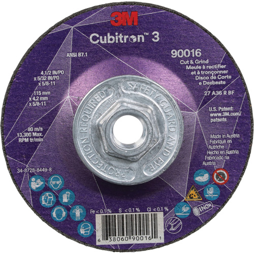 Cubitron 3 Cut & Grind Wheel, 4-1/2" x 5/32", 5/8"-11 Arbor, Type T27, 36+ Grit, Ceramic R.M.G. Prévention