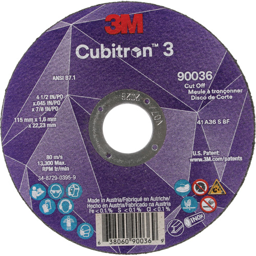 Meule &agrave; tronçonner Cubitron 3, 4-1/2" x 0,045", Arbre de 7/8", Type T1, C&eacute;ramique, 13 300 Tr/min R.M.G. Prévention