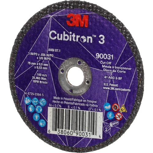 Meule &agrave; tronçonner Cubitron 3, 3" x 0,035", Arbre de 3/8", Type T1, C&eacute;ramique, 21000 Tr/min R.M.G. Prévention