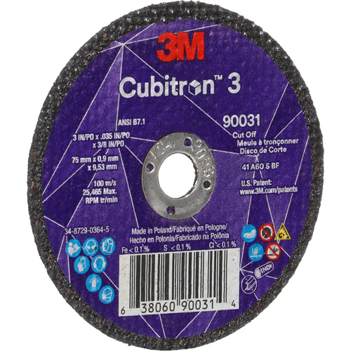 Meule &agrave; tronçonner Cubitron 3, 3" x 0,035", Arbre de 3/8", Type T1, C&eacute;ramique, 21000 Tr/min R.M.G. Prévention