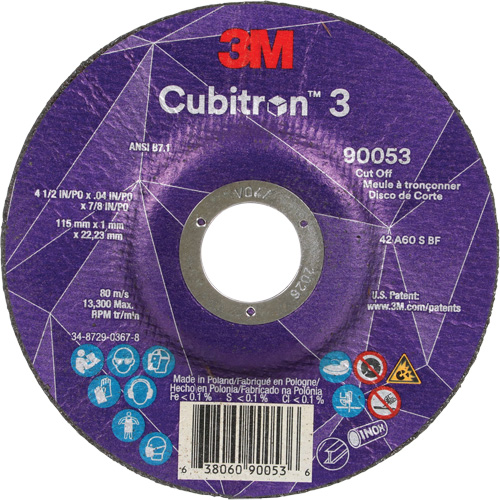 Meule &agrave; tronçonner Cubitron 3, 4-1/2" x 0,04", Arbre de 7/8", Type T27, C&eacute;ramique, 13 300 Tr/min R.M.G. Prévention