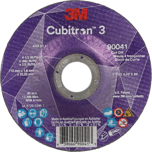 Meule &agrave; tronçonner Cubitron 3, 4-1/2" x 0,045", Arbre de 7/8", Type T27, C&eacute;ramique, 13 300 Tr/min R.M.G. Prévention
