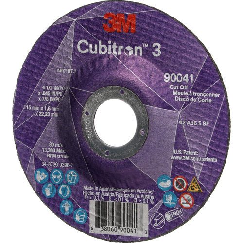 Meule &agrave; tronçonner Cubitron 3, 4-1/2" x 0,045", Arbre de 7/8", Type T27, C&eacute;ramique, 13 300 Tr/min R.M.G. Prévention