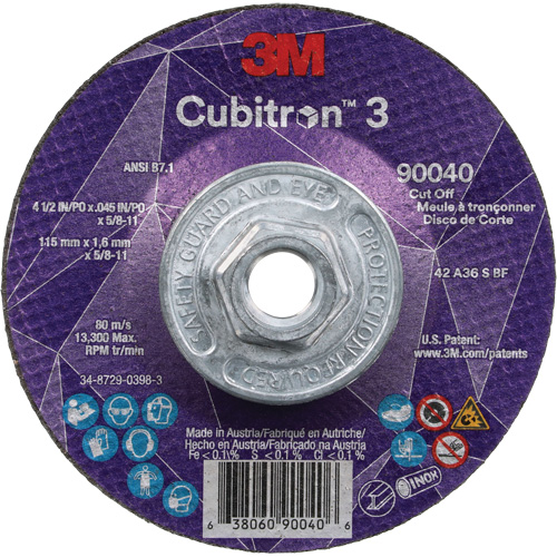 Meule &agrave; tronçonner Cubitron 3, 4-1/2" x 0,045", Arbre de 5/8"-11, Type T27, C&eacute;ramique, 13 300 Tr/min R.M.G. Prévention
