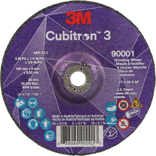 Meule a moyeu d&eacute;port&eacute; Cubitron 3, 4" x 1/4", Arbre 3/8", C&eacute;ramique, Type T27 R.M.G. Prévention