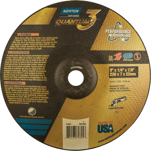 Quantum 3 SG Depressed Center Grinding Wheel, 9" x 1/4", 7/8" Arbor, Type 28, Ceramic, 6600 RPM R.M.G. Prévention