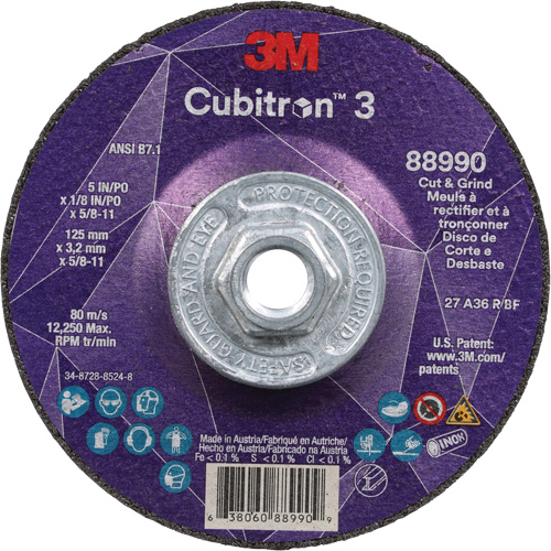 Cubitron 3 Cut and Grind Wheel, 5" x 1/8", 5/8"-11 Arbor, Type 27, 36 Grit, Ceramic R.M.G. Prévention