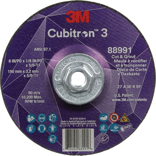 Cubitron 3 Cut and Grind Wheel, 6" x 1/8", 5/8"-11 Arbor, Type 27, 36 Grit, Ceramic R.M.G. Prévention