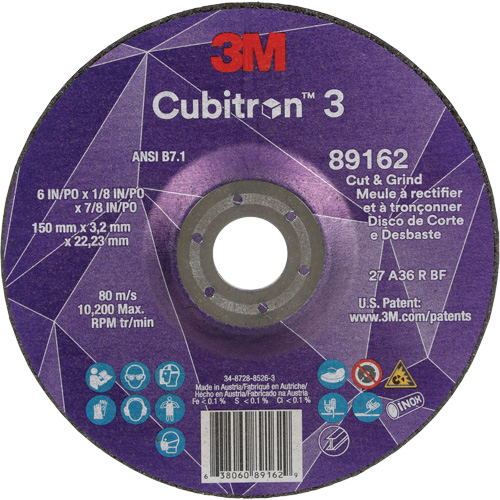Cubitron 3 Cut and Grind Wheel, 6" x 1/8", 7/8" Arbor, Type 27, 36 Grit, Ceramic R.M.G. Prévention