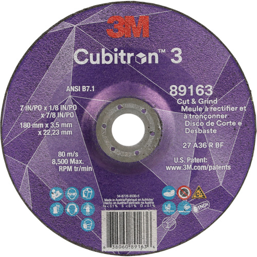 Cubitron 3 Cut and Grind Wheel, 7" x 1/8", 7/8" Arbor, Type 27, 36 Grit, Ceramic R.M.G. Prévention
