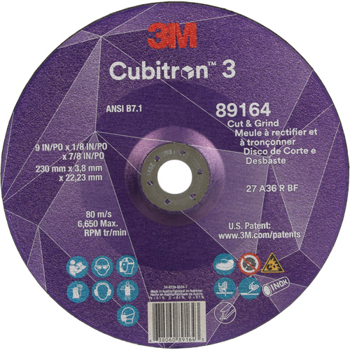 Cubitron 3 Cut and Grind Wheel, 9" x 1/8", 7/8" Arbor, Type 27, 36 Grit, Ceramic R.M.G. Prévention