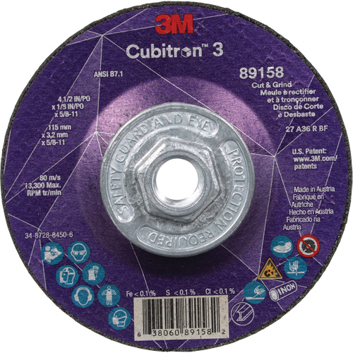 Cubitron 3 Cut and Grind Wheel, 4-1/2" x 1/8", 5/8"-11 Arbor, Type 27, 36 Grit, Ceramic R.M.G. Prévention