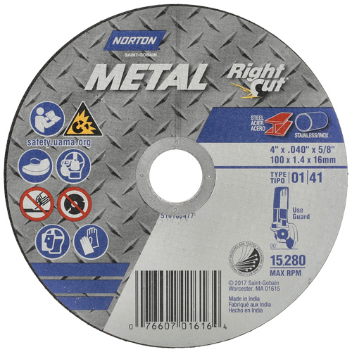 Metal RightCut Right Angle Cut-Off Wheel, 4-1/2" x 0.04", 7/8" Arbor, Type 01/41, Aluminum Oxide, 13580 RPM R.M.G. Prévention