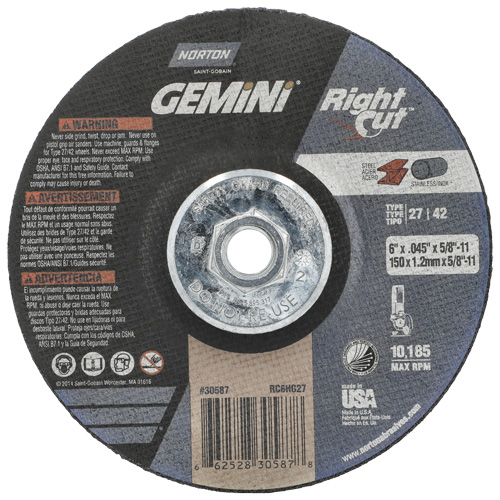 Gemini RightCut Right Angle Cut-Off Wheel, 6" x 0.045", 5/8"-11 Arbor, Type 27/42, Aluminum Oxide, 10185 RPM R.M.G. Prévention