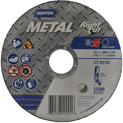 Metal RightCut Right Angle Cut-Off Wheel, 4-1/2" x 0.045", 7/8" Arbor, Type 01/41, Aluminum Oxide, 13580 RPM R.M.G. Prévention
