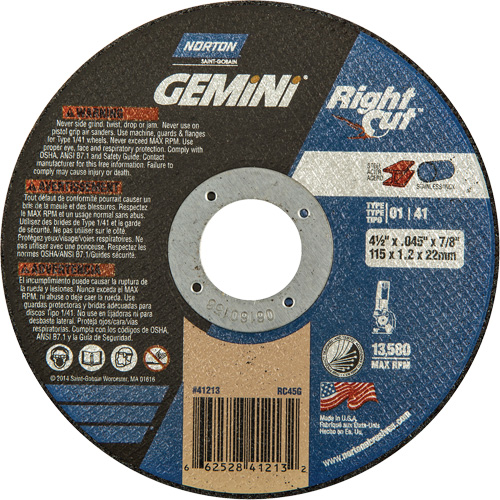 Gemini RightCut Right Angle Cut-Off Wheel, 4-1/2" x 0.045", 7/8" Arbor, Type 01/41, Aluminum Oxide, 13580 RPM R.M.G. Prévention