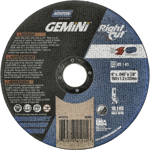 Gemini RightCut Right Angle Cut-Off Wheel, 6" x 0.045", 7/8" Arbor, Type 01/41, Aluminum Oxide, 10185 RPM R.M.G. Prévention
