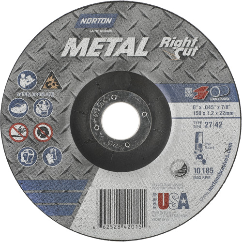 Metal RightCut Right Angle Cut-Off Wheel, 6" x 0.045", 7/8" Arbor, Type 27/42, Aluminum Oxide, 10190 RPM R.M.G. Prévention