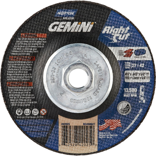 Gemini RightCut Right Angle Cut-Off Wheel, 4-1/2" x 0.045", 5/8"-11 Arbor, Type 27/42, Aluminum Oxide, 13580 RPM R.M.G. Prévention