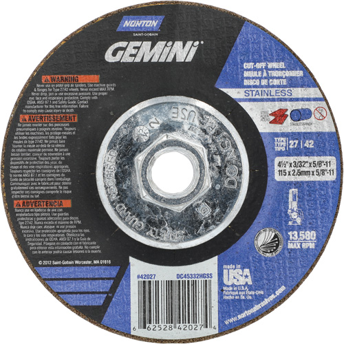 Gemini INOX/SS Right Angle Cut-Off Wheel, 4-1/2" x 3/32", 5/8"-11 Arbor, Type 27/42, Aluminum Oxide, 13580 RPM R.M.G. Prévention