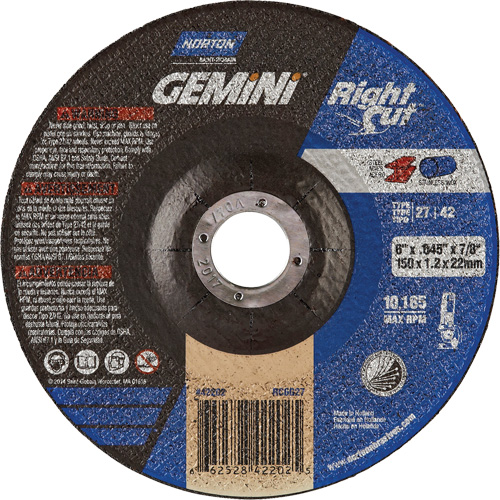 Gemini RightCut Right Angle Cut-Off Wheel, 6" x 0.045", 7/8" Arbor, Type 27/42, Aluminum Oxide, 10185 RPM R.M.G. Prévention