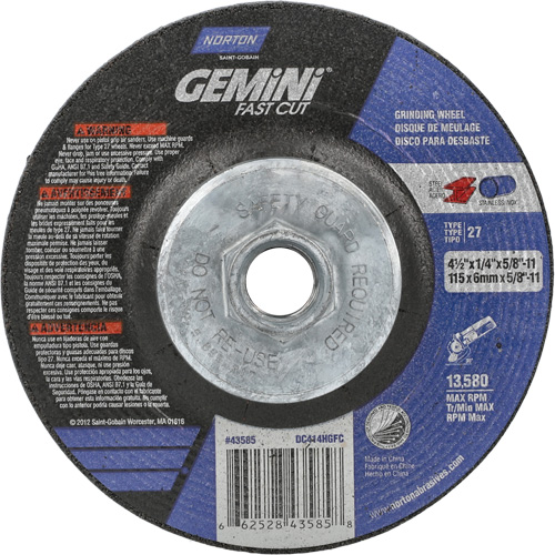 Gemini Grinding Wheel, 4-1/2" x 1/4", 5/8"-11 Arbor, Aluminum Oxide, Type 27 R.M.G. Prévention