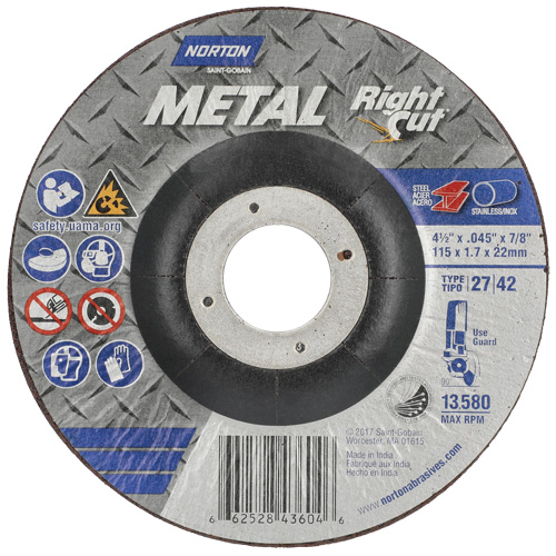 Meule &agrave; tronçonner m&eacute;tallique pour coupe &agrave; angle droit RightCut, 4-1/2" x 0,045", Arbre de 7/8", Type 27, Oxyde d'aluminium, 13580 Tr/min R.M.G. Prévention