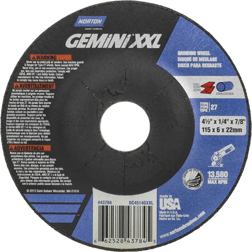 Gemini XXL Grinding Wheel, 4-1/2" x 1/4", 7/8" Arbor, Aluminum Oxide, Type 27 R.M.G. Prévention