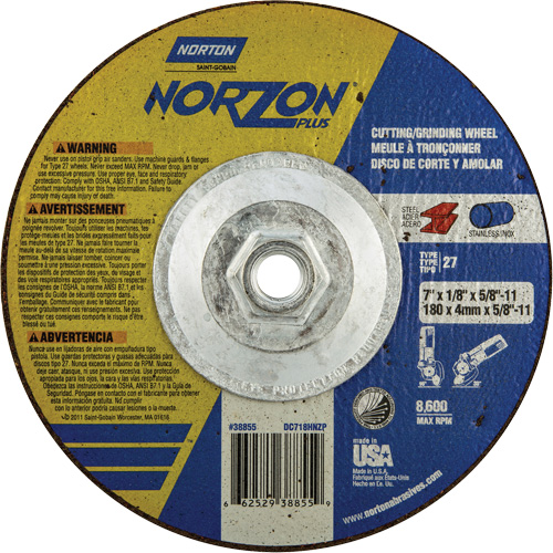 NorZon Plus SGZ  Grinding & Cutting Wheel, 7" x 1/8", 5/8"-11 Arbor, Type 27, Ceramic Alumina R.M.G. Prévention