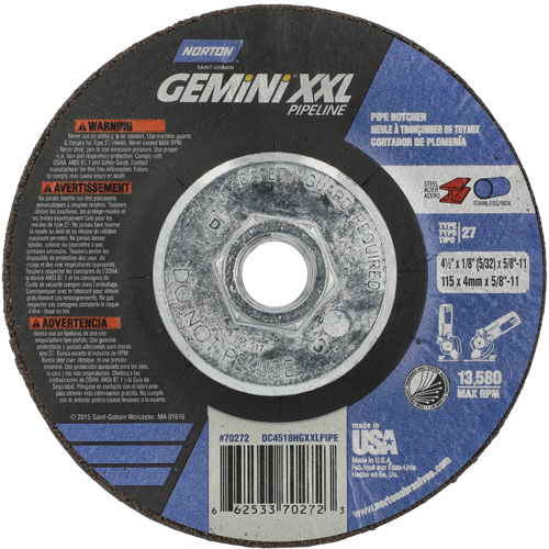 Disque combin&eacute; de meulage et tronçonnage Gemini XXL, 4-1/2" x 1/8", Arbre de 5/8"-11, Type 27, Oxyde d'aluminium R.M.G. Prévention