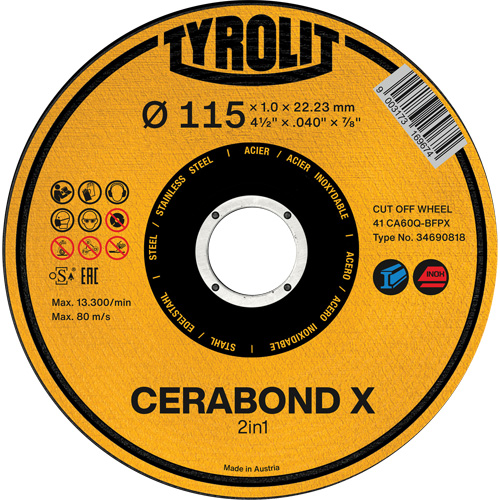 Meule &agrave; tronçonner CA60Q-BFPX CERABOND X, 4-1/2" x 0,039", Arbre de 7/8", Type 1 R.M.G. Prévention