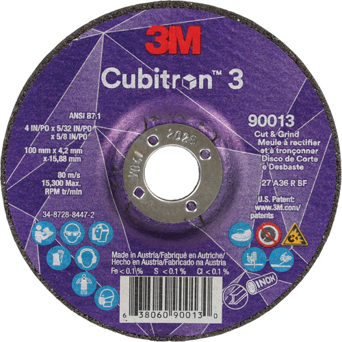 Meule &agrave; tronçonner Cubitron 3, 4" x 39/250", Arbre de 5/8", Type 27, Grain de 36, C&eacute;ramique R.M.G. Prévention