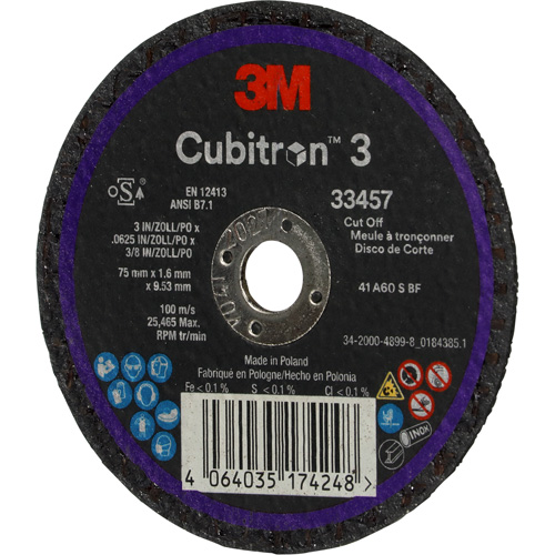 Cubitron 3 Cut-Off Wheel, 3" x 0.063", 3/8" Arbor, Ceramic R.M.G. Prévention