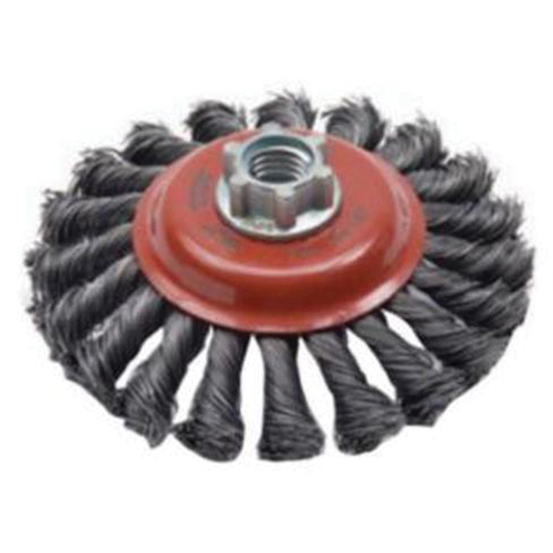 Brosse concave &agrave; fils nou&eacute;s torsad&eacute;s, Dia. 4", Fils 0,02", Arbre 5/8"-11, Acier R.M.G. Prévention