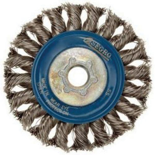 Full Cable Twist Wire Wheel, 5" Dia., 0.02" Fill, 5/8"-11 Arbor, Stainless Steel R.M.G. Prévention