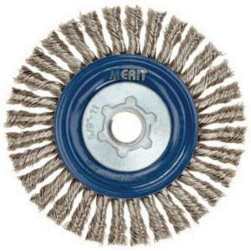 Brosse &agrave; fils nou&eacute;s pour cordons de soudure pour meuleuse angulaire, Dia. 5", Fils 0,02", Arbre 5/8"-11, Acier inoxydable R.M.G. Prévention