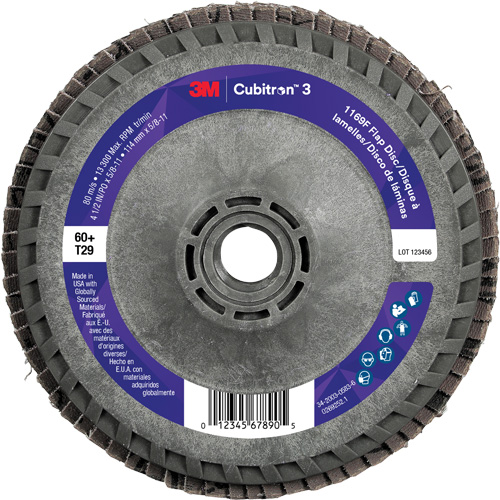 Disque &agrave; lamelles conique 1169F Cubitron 3 &agrave; changement rapide, 4-1/2" x 5/8"-11, Type T29, Grain 60+, C&eacute;ramique R.M.G. Prévention