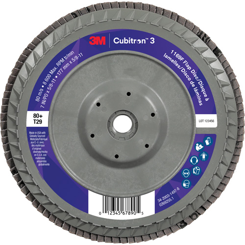 Cubitron 3 Conical  Flap Disc with Quick Change 1169F, 7" x 5/8"-11, Type T29, 80+ Grit, Ceramic R.M.G. Prévention