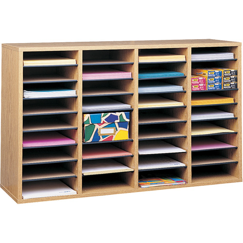 Adjustable Compartment Literature Organizer, Stationary, 36 Slots, Wood, 39-1/4" W x 11-3/4" D x 24" H R.M.G. Prévention