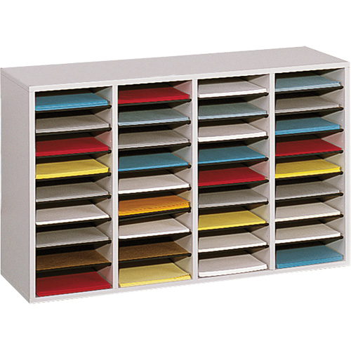 Adjustable Compartment Literature Organizer, Stationary, 36 Slots, Wood, 39-1/4" W x 11-3/4" D x 24" H R.M.G. Prévention