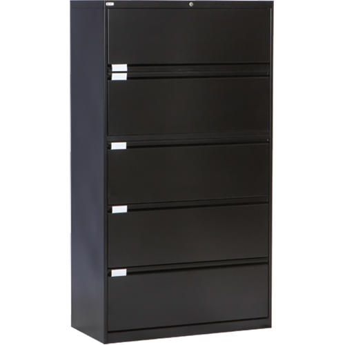 Lateral Filing Cabinet, Steel, 5 Drawers, 36" W x 18" D x 65-1/2" H, Black R.M.G. Prévention